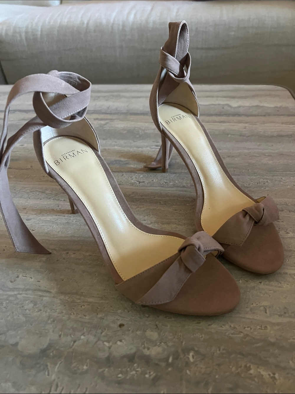 Alexandre Birman Taupe Knot Suede Ankle-Tie Stiletto Heels